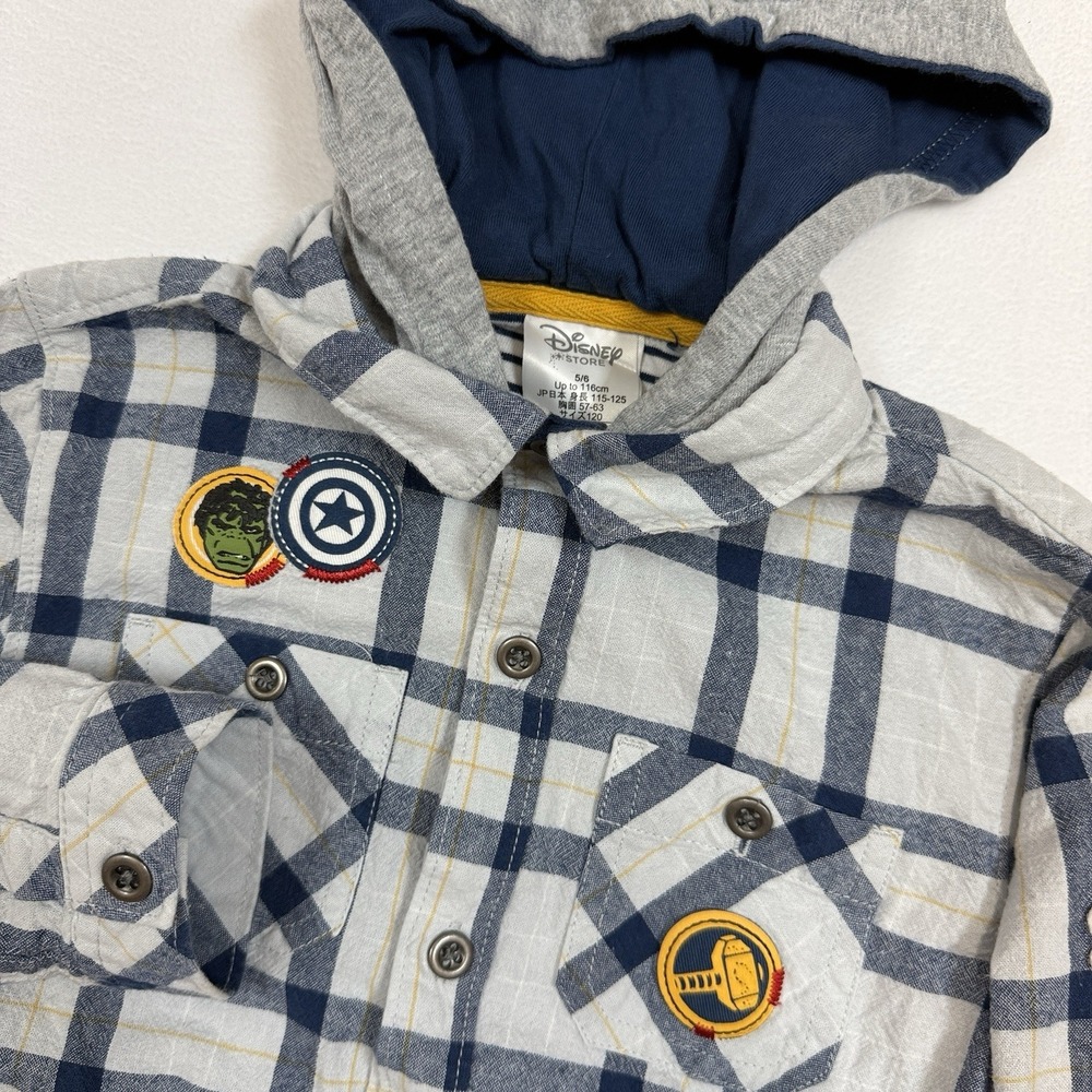 Disney Store Marvel Avengers Plaid Hooded Button Up Shirt Boys 5/6 Thor Hulk